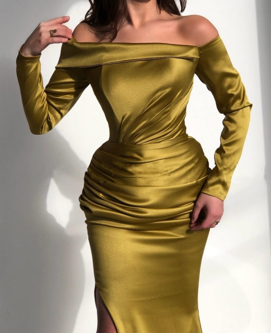 Elegant Yellow Off-the-shoulder Long-Sleeve Mermaid Long-Sleeve