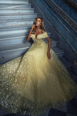 Elegant Yellow Off-the-shoulder Sleeveless A-Line Floor-Length Tulle Prom Dresses-misshow.com