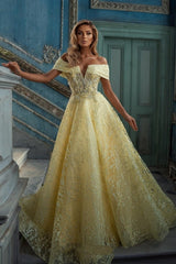 Elegant Yellow Off-the-shoulder Sleeveless A-Line Floor-Length Tulle Prom Dresses-misshow.com