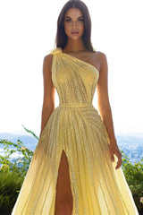 Elegant Yellow One Shoulder Sequined A-line Prom Dress With Slit-misshow.com