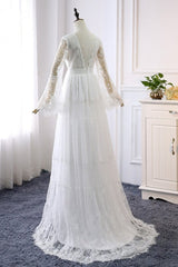 Empire Waist Long Sleeve Lace Tulle Wedding Dress-misshow.com