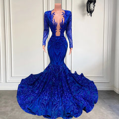 Exquisite Blue V-neck Sequins Long Sleeve Floor-length Mermaid Prom Dresses-misshow.com