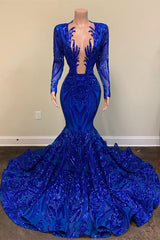 Exquisite Blue V-neck Sequins Long Sleeve Floor-length Mermaid Prom Dresses-misshow.com