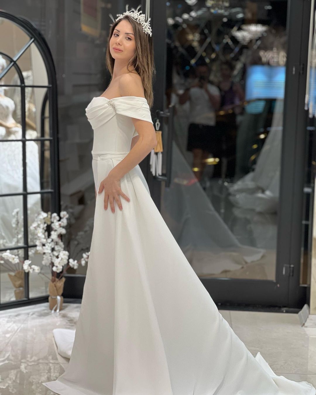 Exquisite Floor Length Off-The-Shoulder A-Line Satin Wedding Dress with Beads-misshow.com