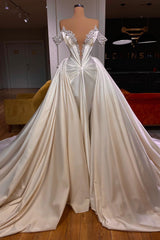 Exquisite Floor Length V-Neck Off-The-Shoulder A-Line Satin Prom Dress with Beads-misshow.com