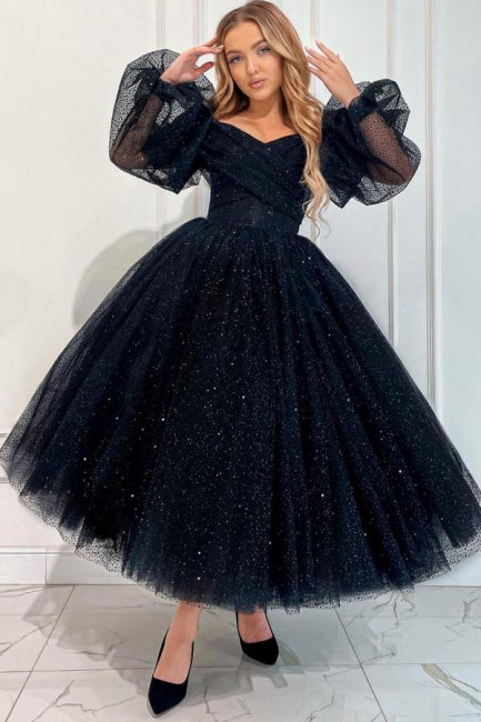 Exquisite Long Black A-line Ankle Length Off-the-shoulder Prom Dress with Long Sleeves