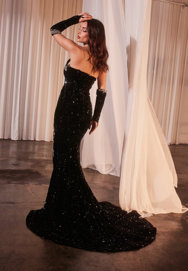 Exquisite Long Black Mermaid V-neck Sequined Prom Dress with Slit