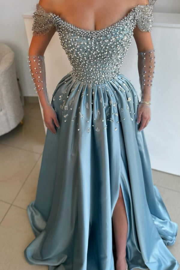 Exquisite Long Blue A-line Off-the-shoulder Pearls Rhinestones Prom Dress with Slit