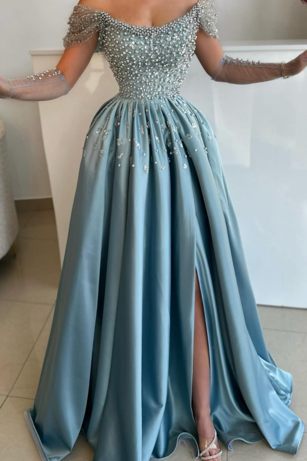 Exquisite Long Blue A-line Off-the-shoulder Pearls Rhinestones Prom Dress with Slit