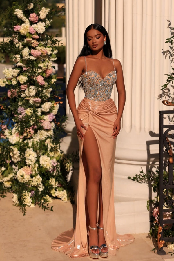 Exquisite Long Champagne Column Spaghetti Straps Lace Rhinestones Prom Dress with Slit