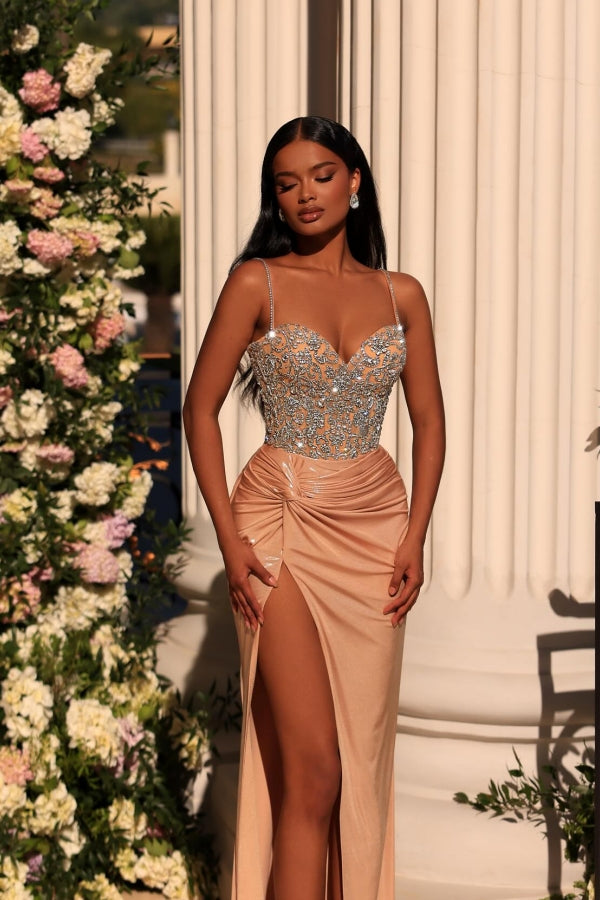 Exquisite Long Champagne Column Spaghetti Straps Lace Rhinestones Prom Dress with Slit