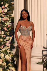 Exquisite Long Champagne Column Spaghetti Straps Lace Rhinestones Prom Dress with Slit