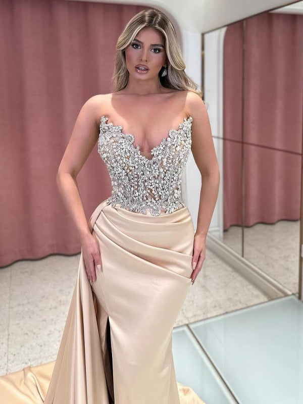 Exquisite Long Champagne Mermaid Strapless Jewels Prom Dress