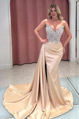 Exquisite Long Champagne Mermaid Strapless Jewels Prom Dress