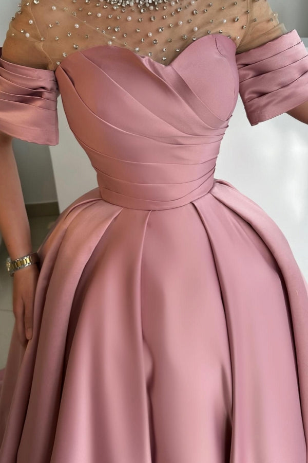 Exquisite Long Dusty Rose A-line Satin Rhinestones Prom Dress with Short Sleeves