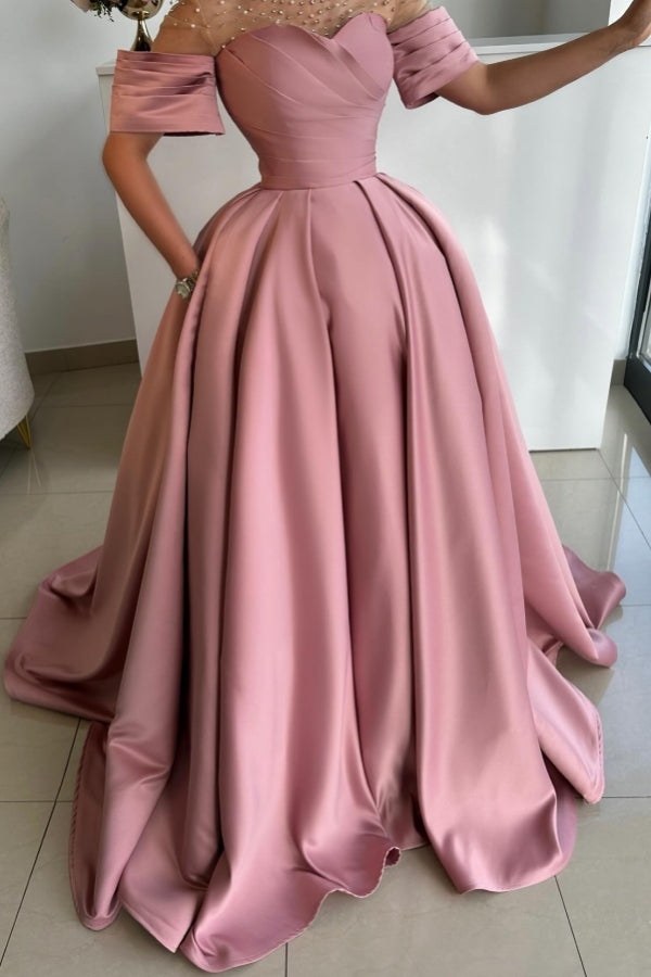 Exquisite Long Dusty Rose A-line Satin Rhinestones Prom Dress with Short Sleeves