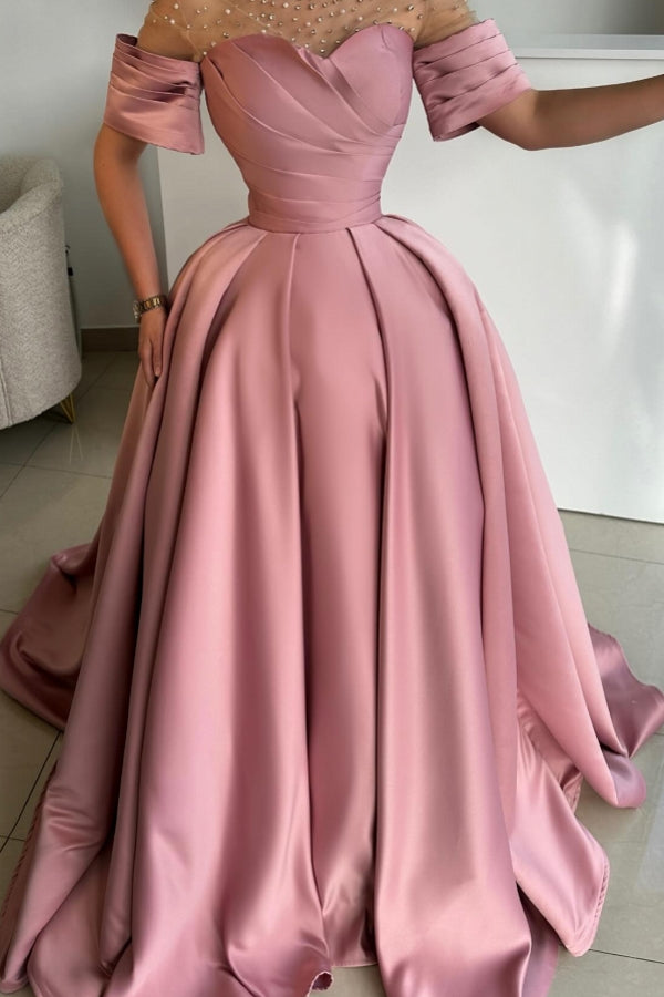 Exquisite Long Dusty Rose A-line Satin Rhinestones Prom Dress with Short Sleeves