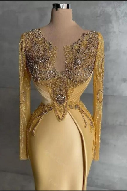 Exquisite Long Gold Mermaid Lace Beading Prom Dress with Long Sleeves