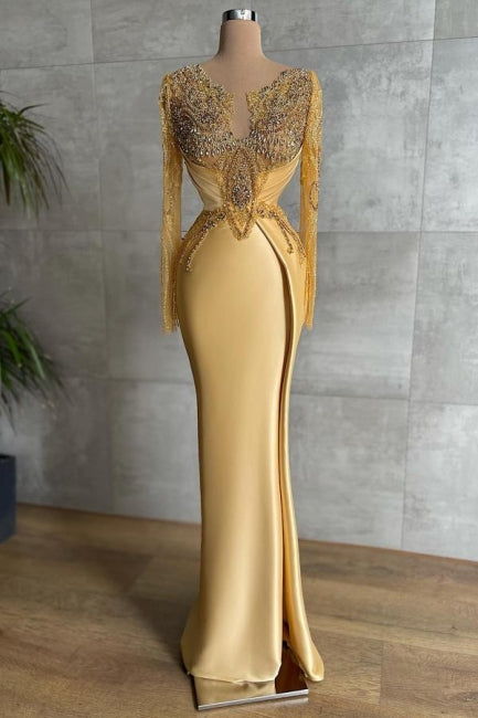 Exquisite Long Gold Mermaid Lace Beading Prom Dress with Long Sleeves