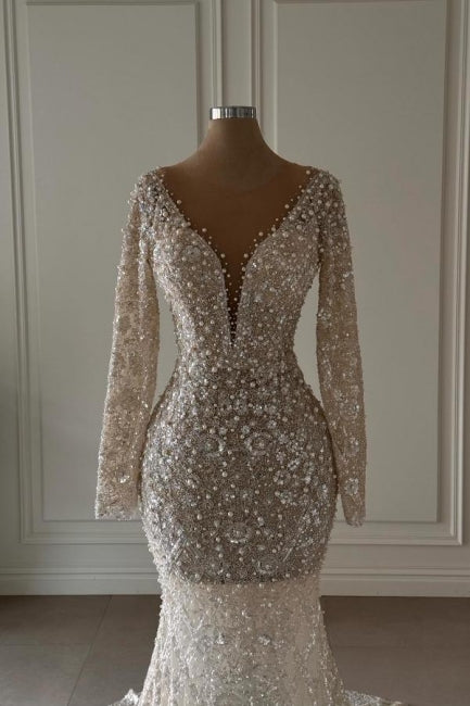 Exquisite Long Mermaid V-neck Lace Long Sleeves Wedding Dress with Pearls