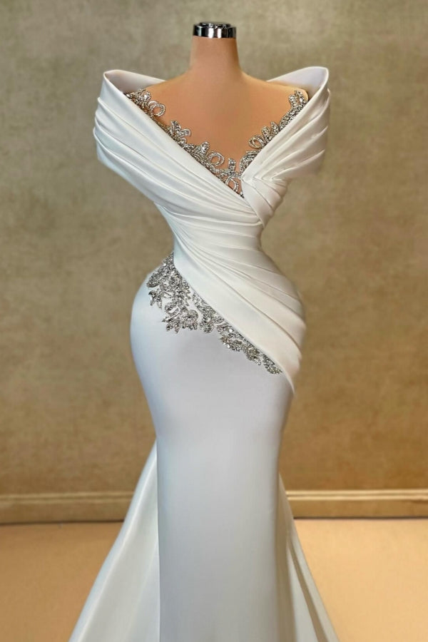 Exquisite Long White Mermaid Off-the-shoulder Lace Satin Wedding Dress with Rhinestones