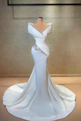 Exquisite Long White Mermaid Off-the-shoulder Lace Satin Wedding Dress with Rhinestones