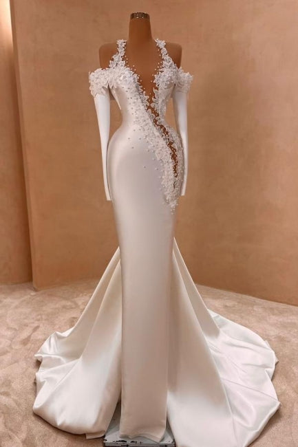 Exquisite Long White Mermaid Straps Satin Long Sleeves Wedding Dress with Pearls