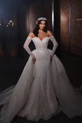 Extravagant A-line Off-the-shoulder Lace Mermaid Wedding Dresses with Sleeves-misshow.com