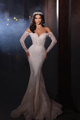 Extravagant A-line Off-the-shoulder Lace Mermaid Wedding Dresses with Sleeves-misshow.com