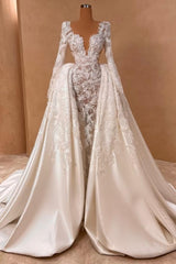 Extravagant Long A-line V-neck Lace Satin Long Sleeves Wedding Dress with Detachable Train