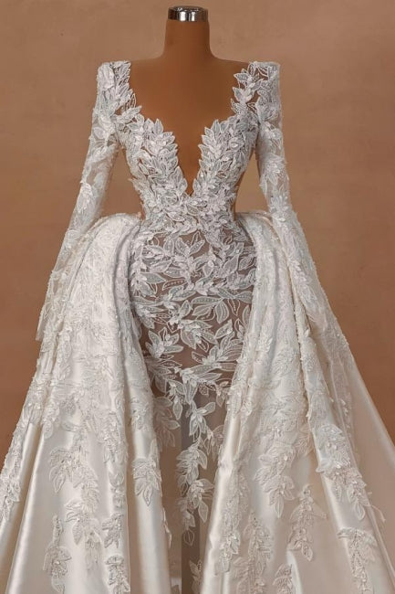 Extravagant Long A-line V-neck Lace Satin Long Sleeves Wedding Dress with Detachable Train