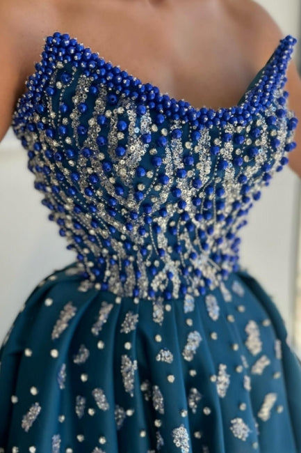 Extravagant Long Blue A-line Strapless Beading Prom Dress with Slit