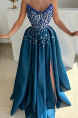 Extravagant Long Blue A-line Strapless Beading Prom Dress with Slit