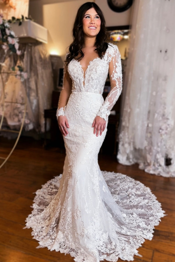 Extravagant Long Mermaid V-neck Backless Lace Wedding Dress with Long Sleeves