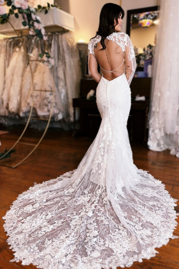 Extravagant Long Mermaid V-neck Backless Lace Wedding Dress with Long Sleeves