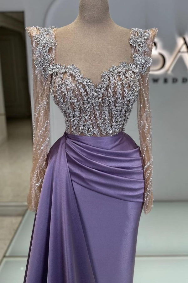 Extravagant Long Purple Beading Lace Sequined Prom Dress with Long Sleeves