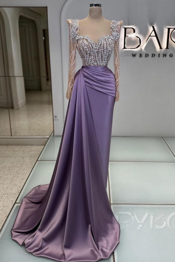 Extravagant Long Purple Beading Lace Sequined Prom Dress with Long Sleeves