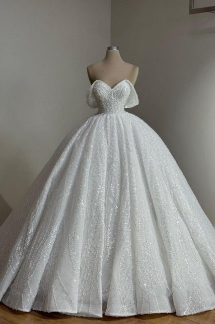 Extravagant Long White A-line Off-the-shoulder Lace Wedding Dress with Pearls