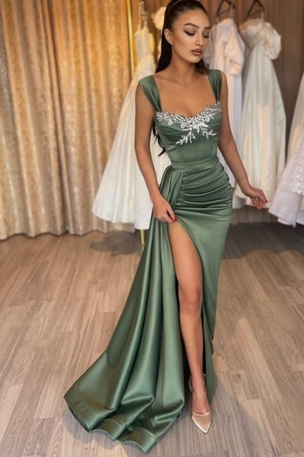 Glamorous Long Green Sleeveless Sexy Lace Satin Prom Dress with Slit