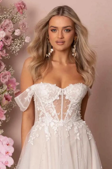 Fabulous A-Line Lace Off-The-Shoulder Sleeveless White Wedding Dress With Ruffles