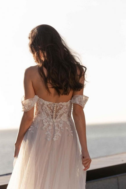 Fabulous A-Line Lace Off-The-Shoulder Sleeveless White Wedding Dress With Ruffles