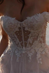 Fabulous A-Line Lace Off-The-Shoulder Sleeveless White Wedding Dress With Ruffles