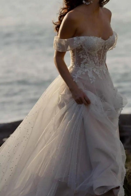 Fabulous A-Line Lace Off-The-Shoulder Sleeveless White Wedding Dress With Ruffles