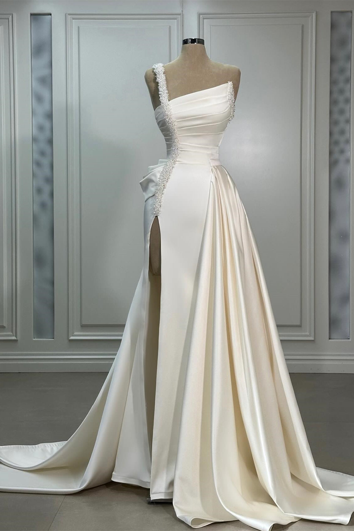 Fabulous A-Line Satin One Shoulder Sleeveless Wedding Dresses With Ruffles Split Front