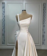 Fabulous A-Line Satin One Shoulder Sleeveless Wedding Dresses With Ruffles Split Front