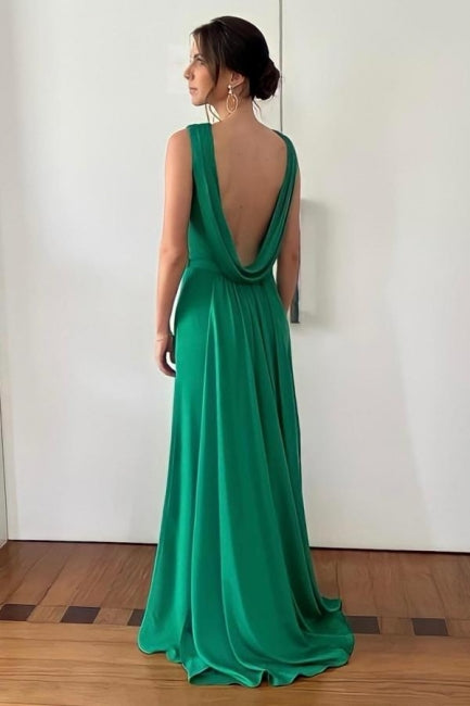 Fabulous A-Line Satin Sleeveless Green Prom Dresses With Openback