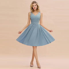 Fabulous A-Line V-Neck Sleeveless Satin Short Bridesmaid Dresses