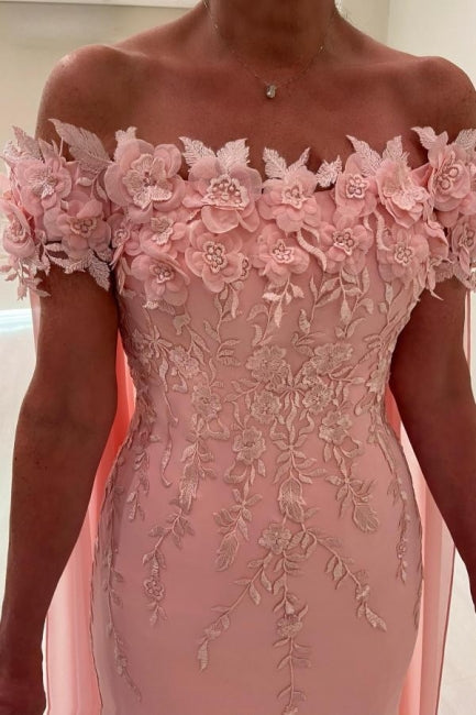 Fabulous Column Lace Off-The-Shoulder Sleeveless Pink Prom Dress With Appliques