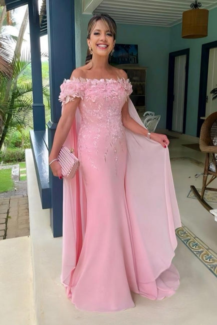 Fabulous Column Lace Off-The-Shoulder Sleeveless Pink Prom Dress With Appliques