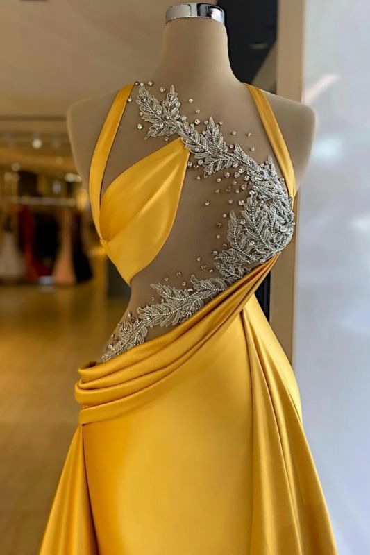 Fabulous Column Satin Halter Sleeveless Yellow Long Prom Dress With Beading